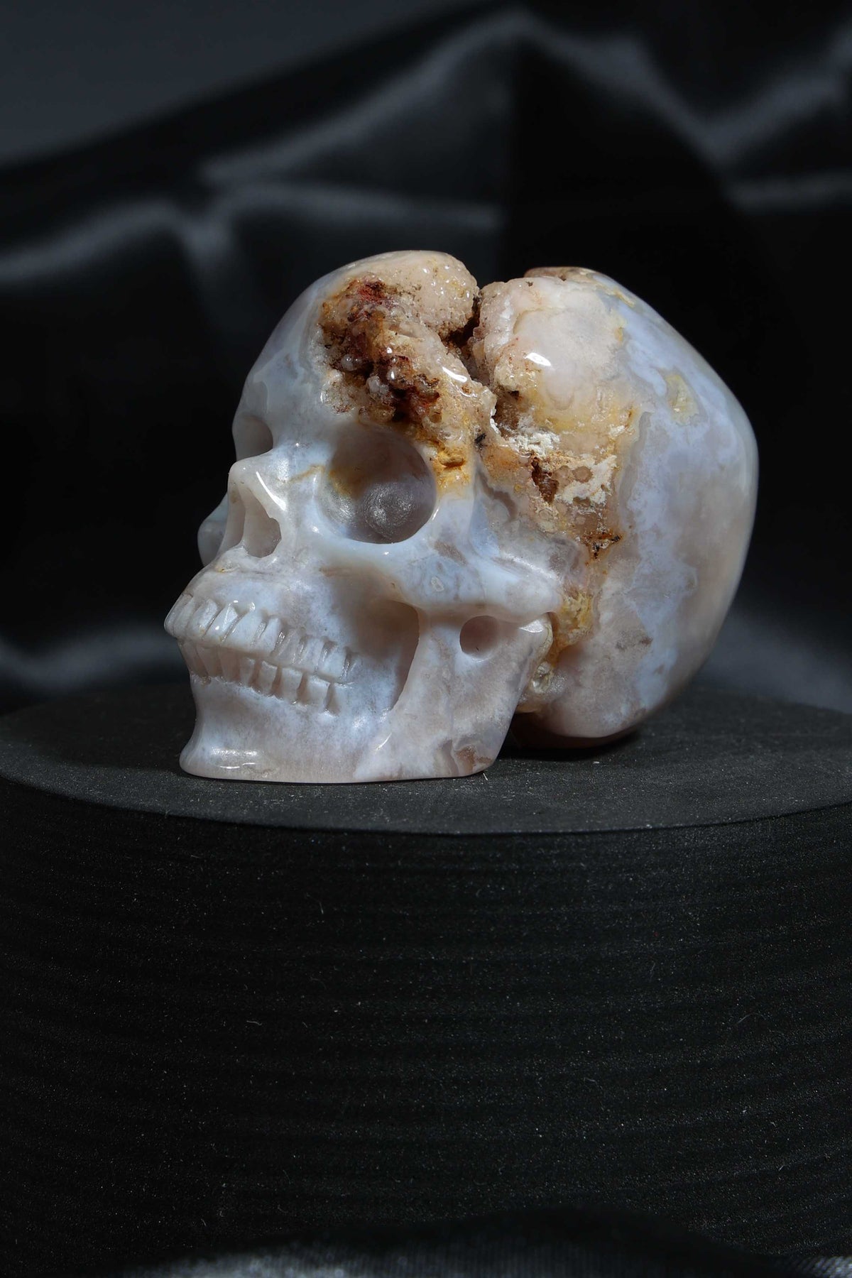 Flower Agate Skull with druzy Carving