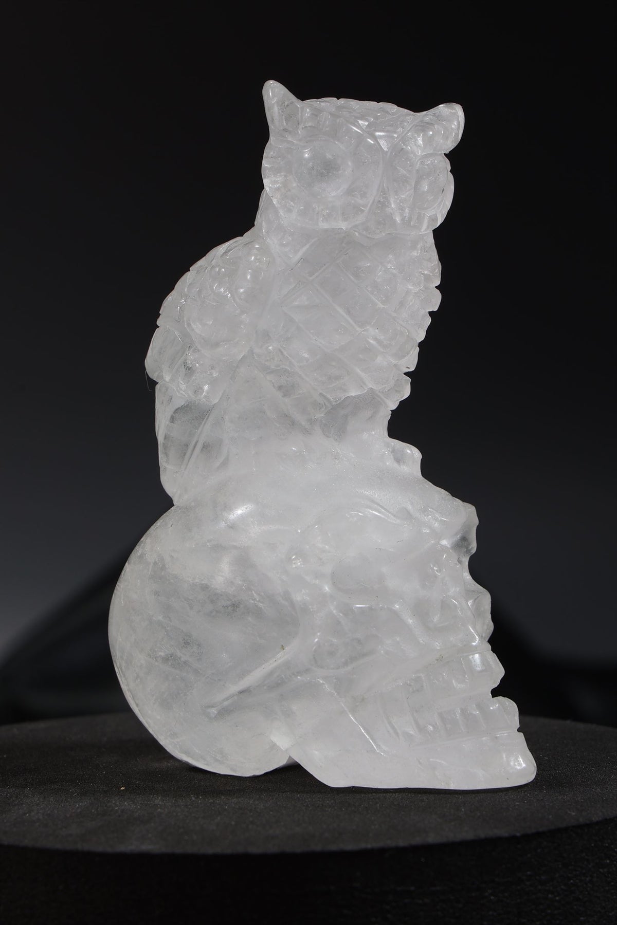 Clear Quartz Owl atop of Skull Carving