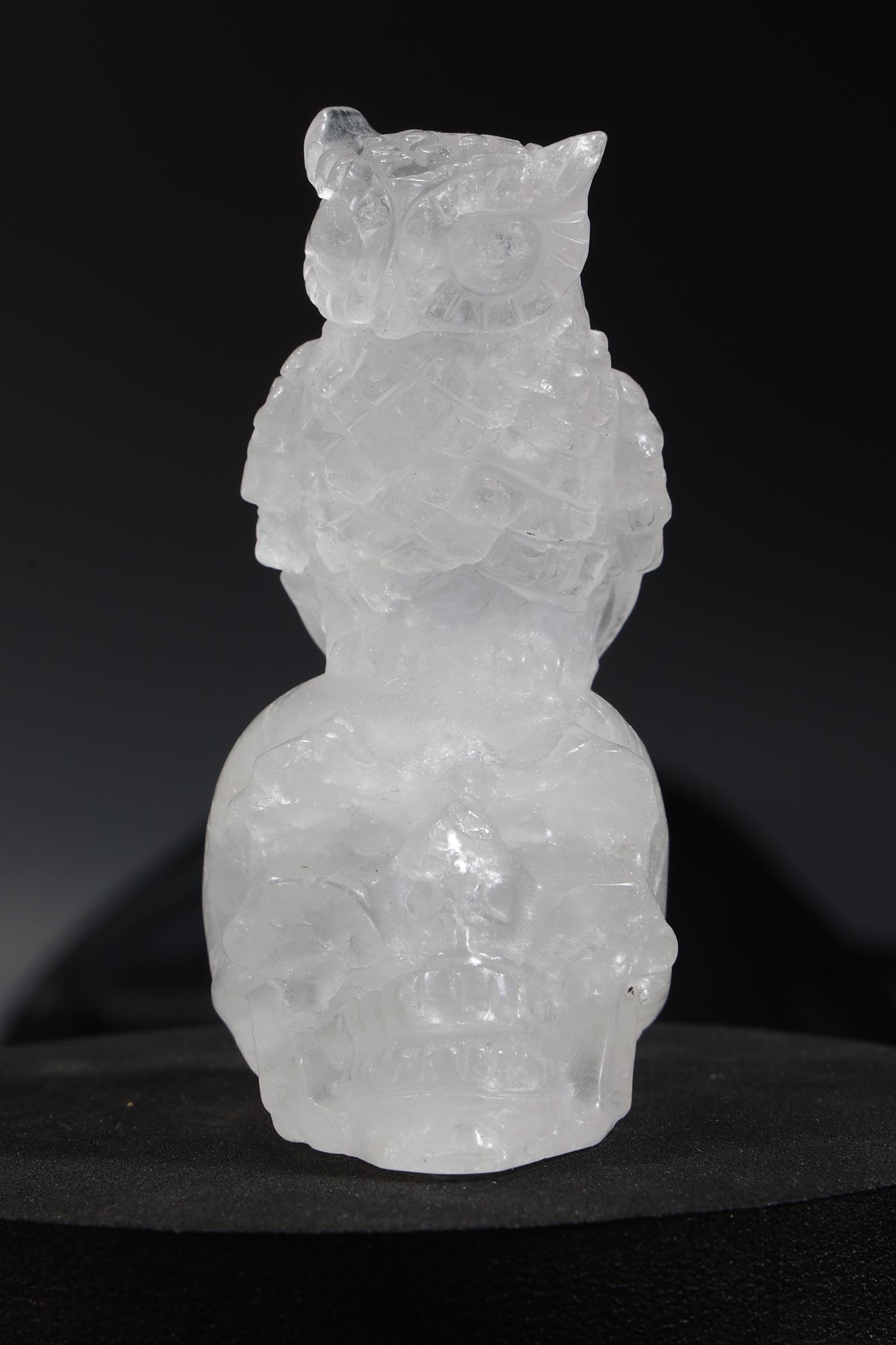 Clear Quartz Owl atop of Skull Carving